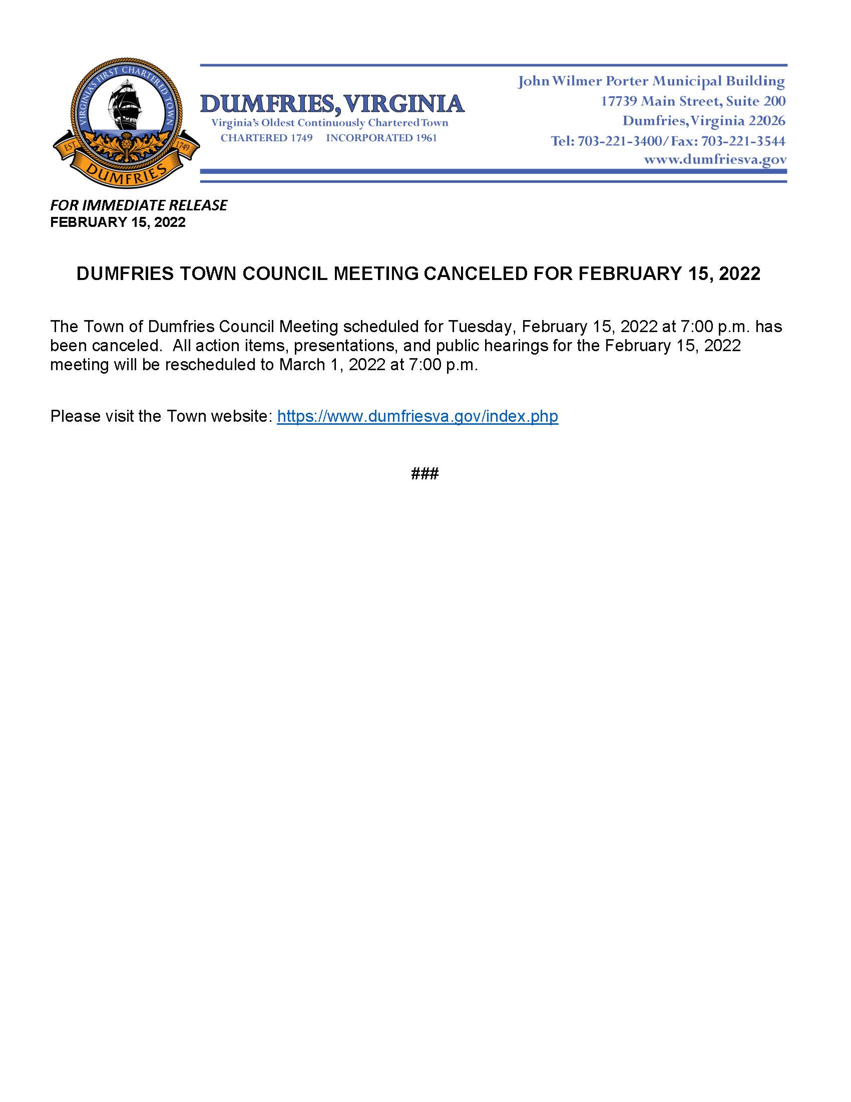 Town Council Meeting Canceled 02152022